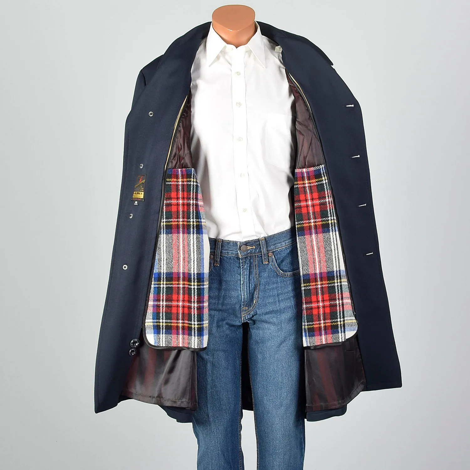 1970s Navy Overcoat with Plaid Liner