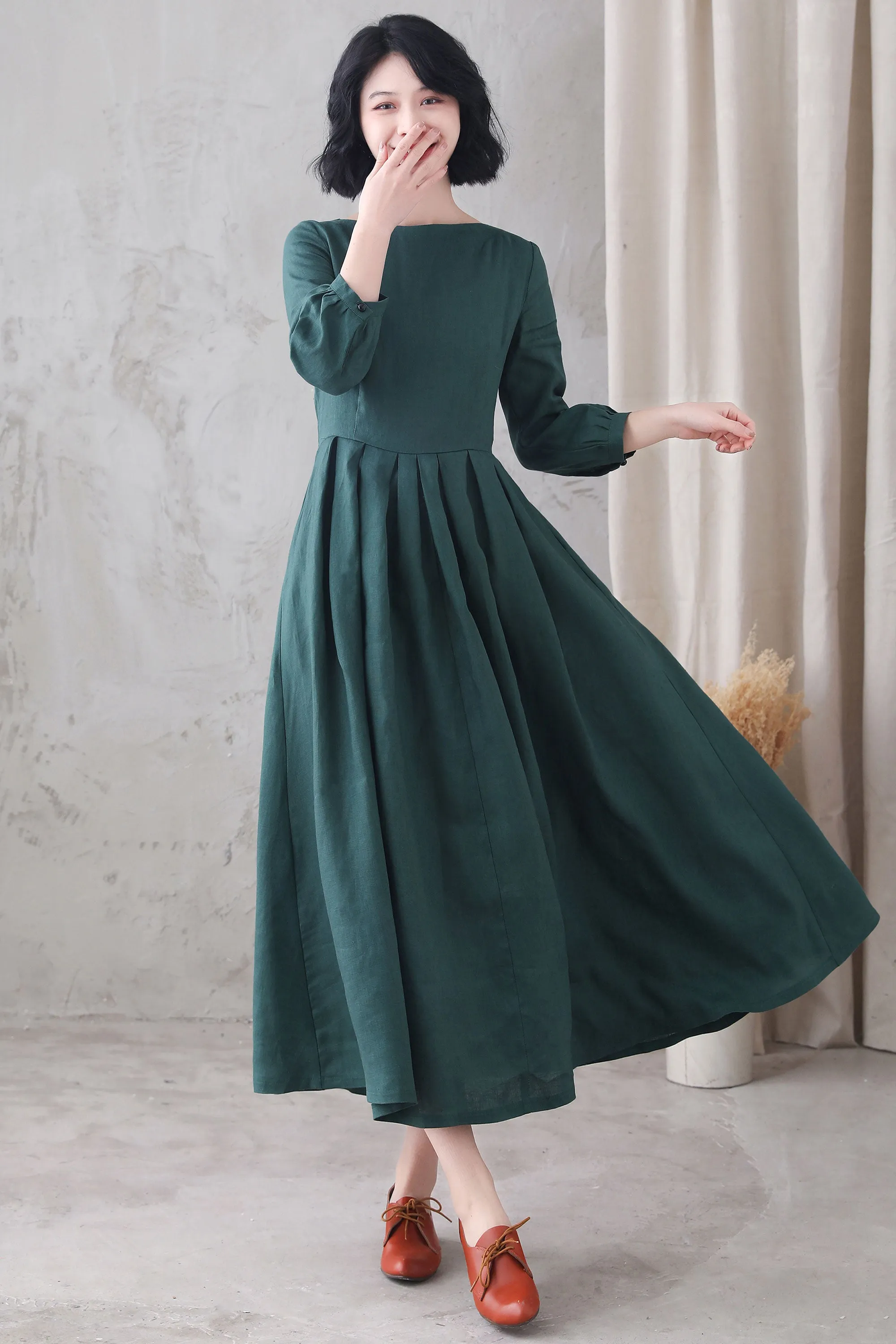 3/4 Sleeve Long Linen Dress 3282