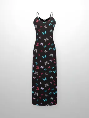 A-Line V Neck Slip Dress-Butterflies