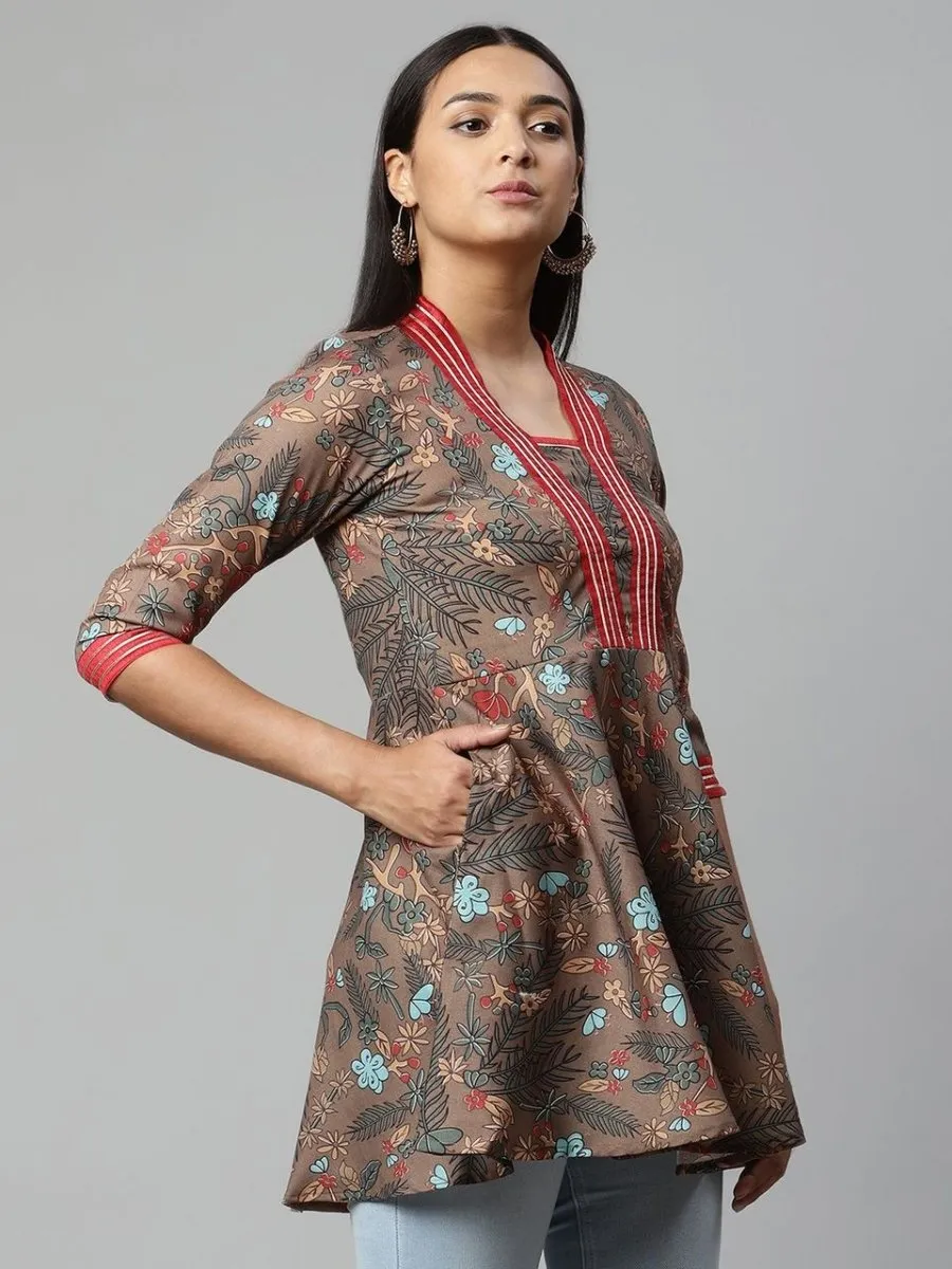 Ahalyaa Women Brown Cotton Digital Printed Tunic