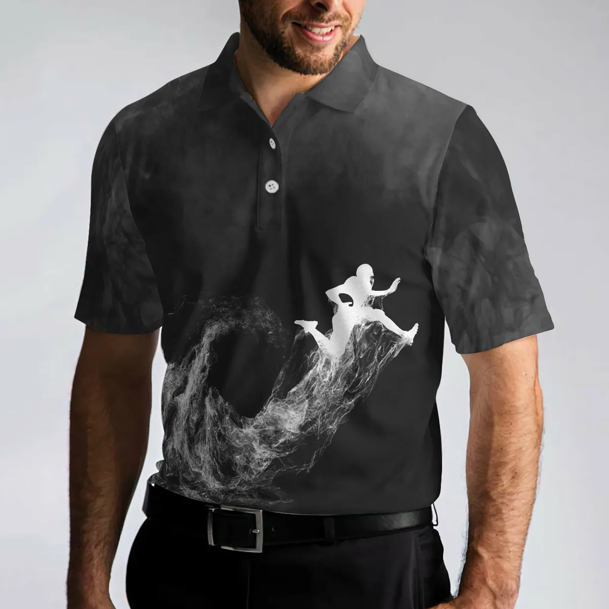 American Football On Smoke Black Theme Background Polo Shirt, Smoke Football Player Polo Shirt, Best Football Shirt For Men