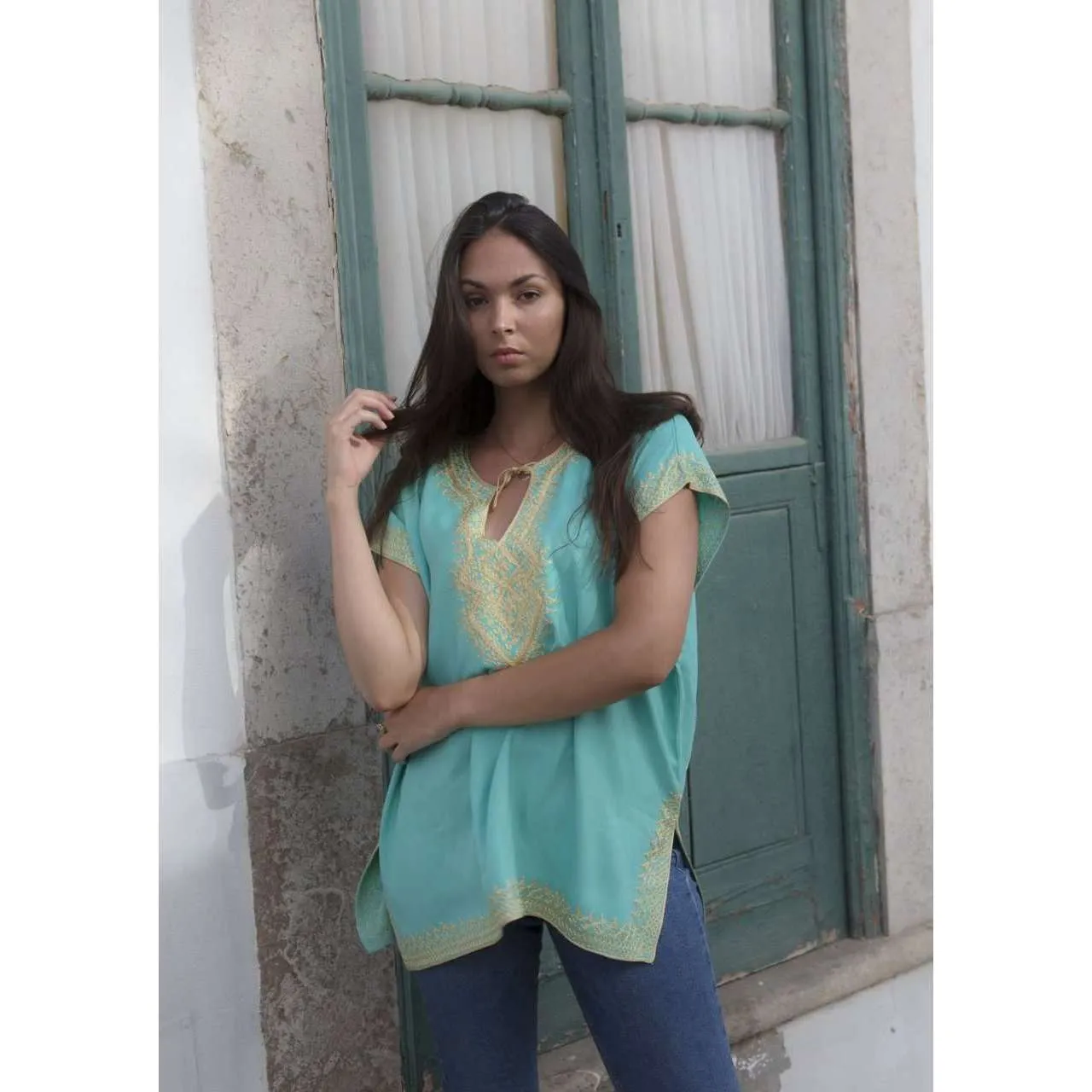 Anabelle Style Emerald Green with Gold Embroidery Tunic-Moroccan Tunic