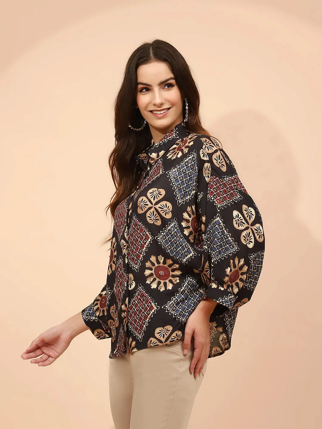 Black Printed Muslin Relaxed Fit Tunic