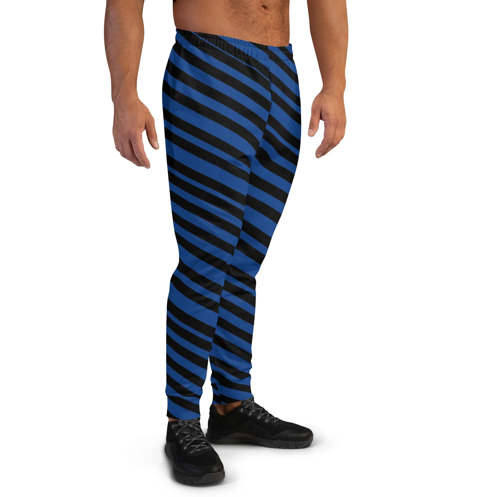 Blue Black Stripes Men's Joggers, Diagonally Striped Men's Sweatpants Joggers-Made in USA/EU/MX