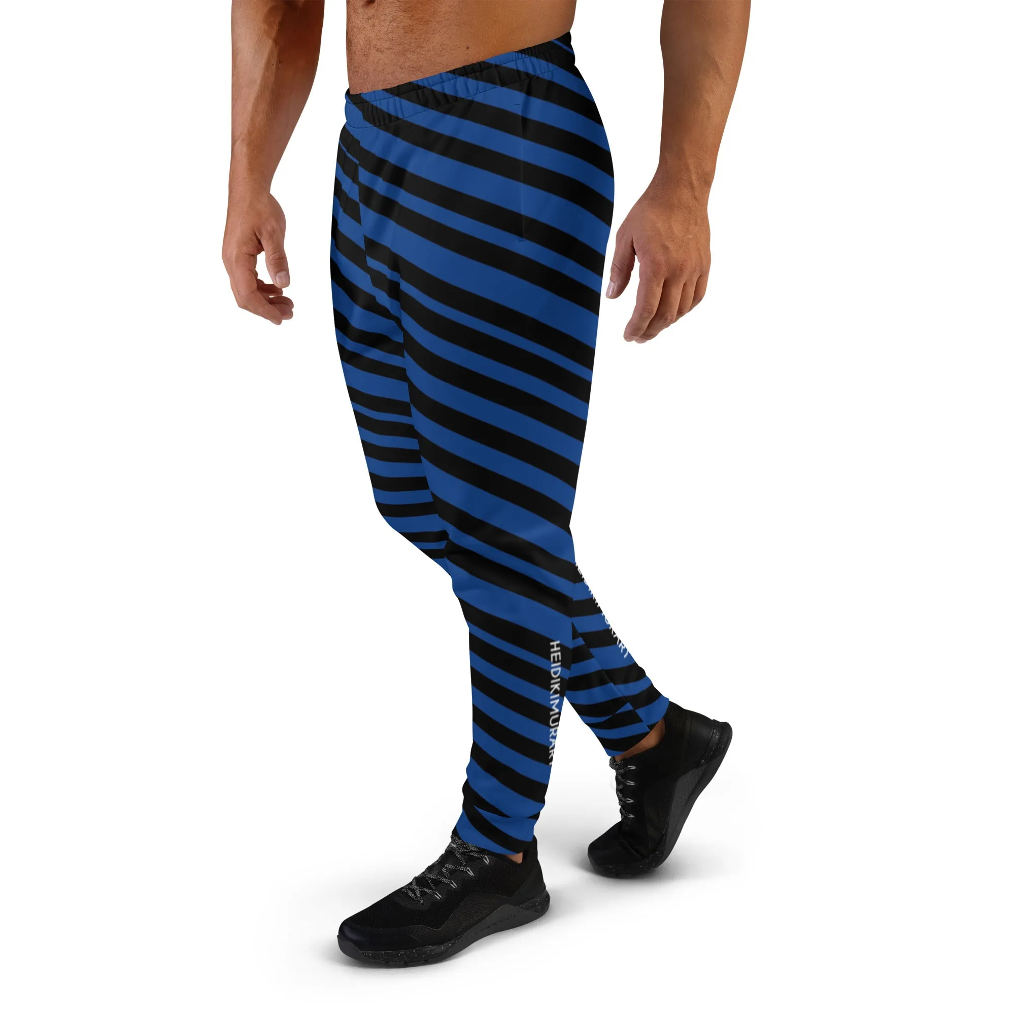 Blue Black Stripes Men's Joggers, Diagonally Striped Men's Sweatpants Joggers-Made in USA/EU/MX