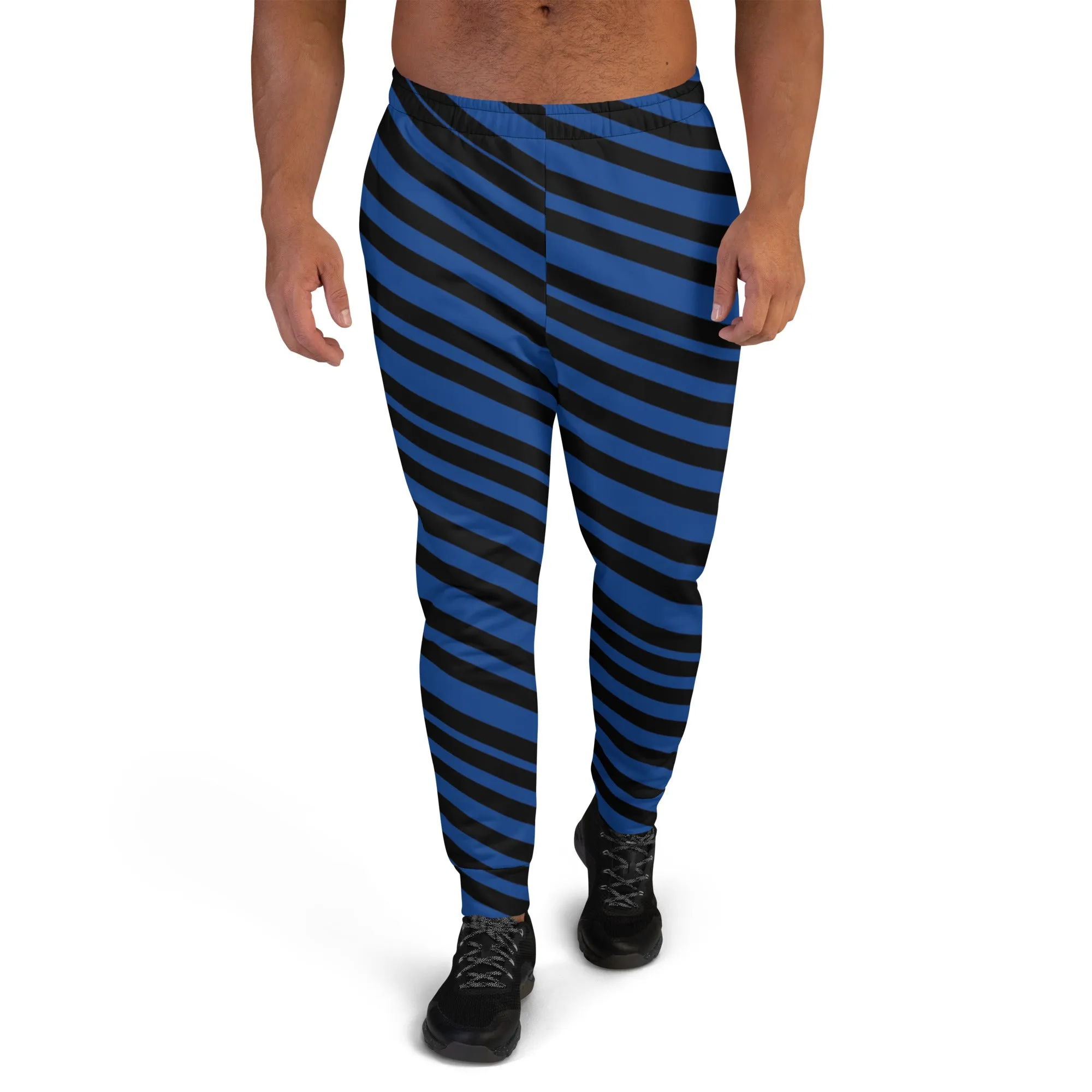 Blue Black Stripes Men's Joggers, Diagonally Striped Men's Sweatpants Joggers-Made in USA/EU/MX