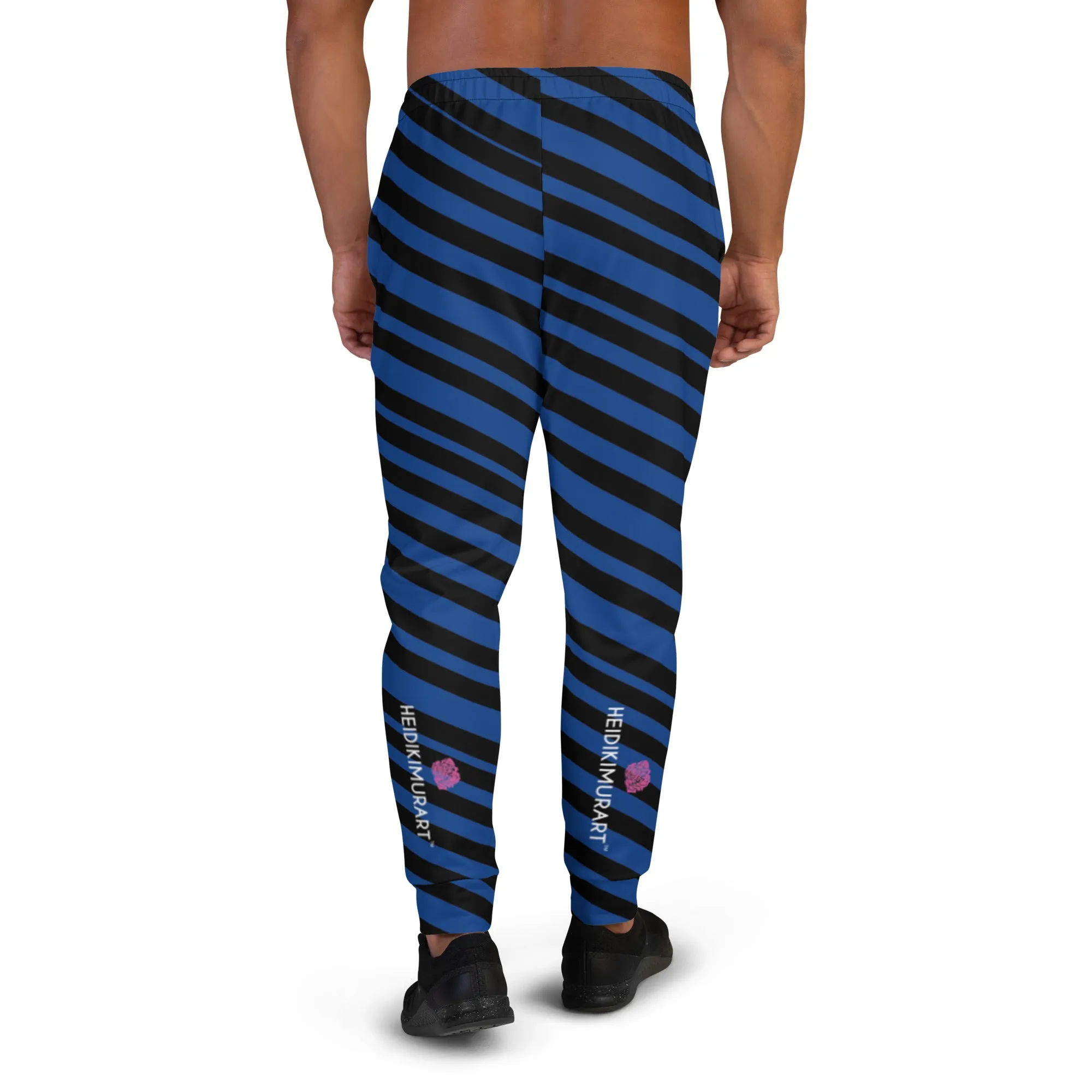 Blue Black Stripes Men's Joggers, Diagonally Striped Men's Sweatpants Joggers-Made in USA/EU/MX