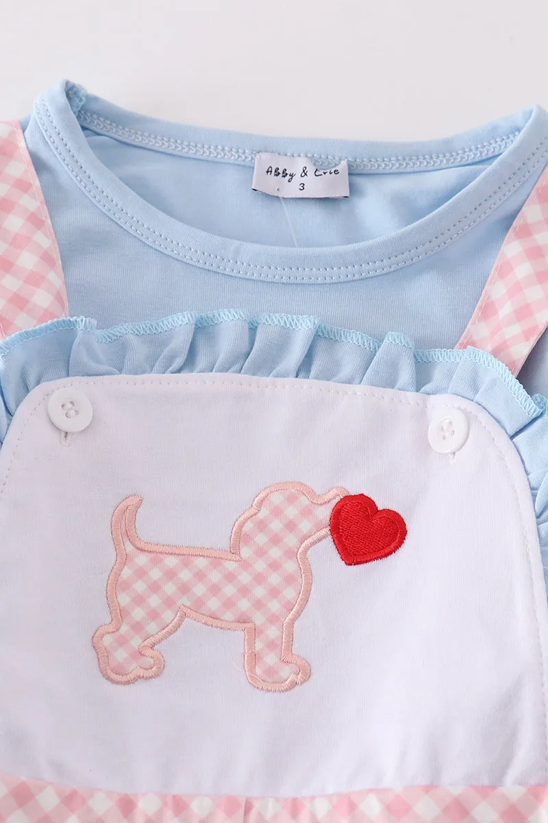 Blue valentine puppy heart applique girl jumpsuit set