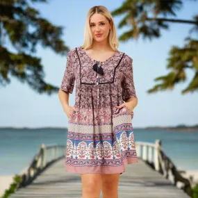 Boho Dress With Neck Ties - Rosewood