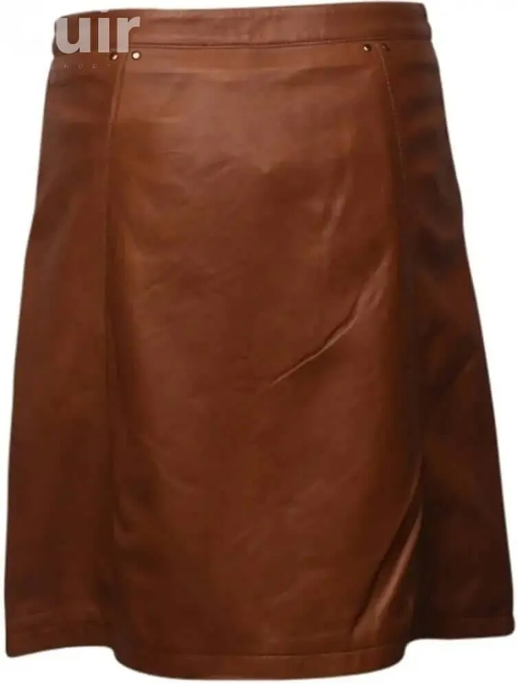 Brown Leather Skirt with Button, Lamb Leather