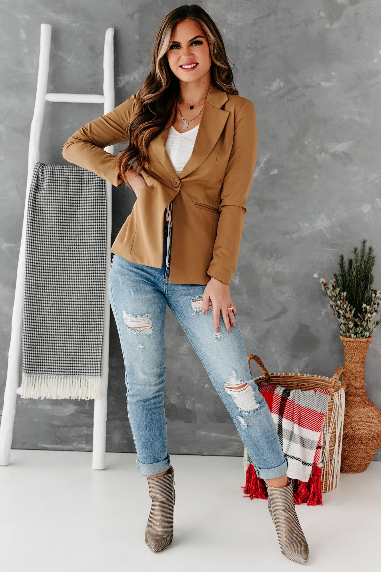 Business Classy Single-Button Blazer (Camel)