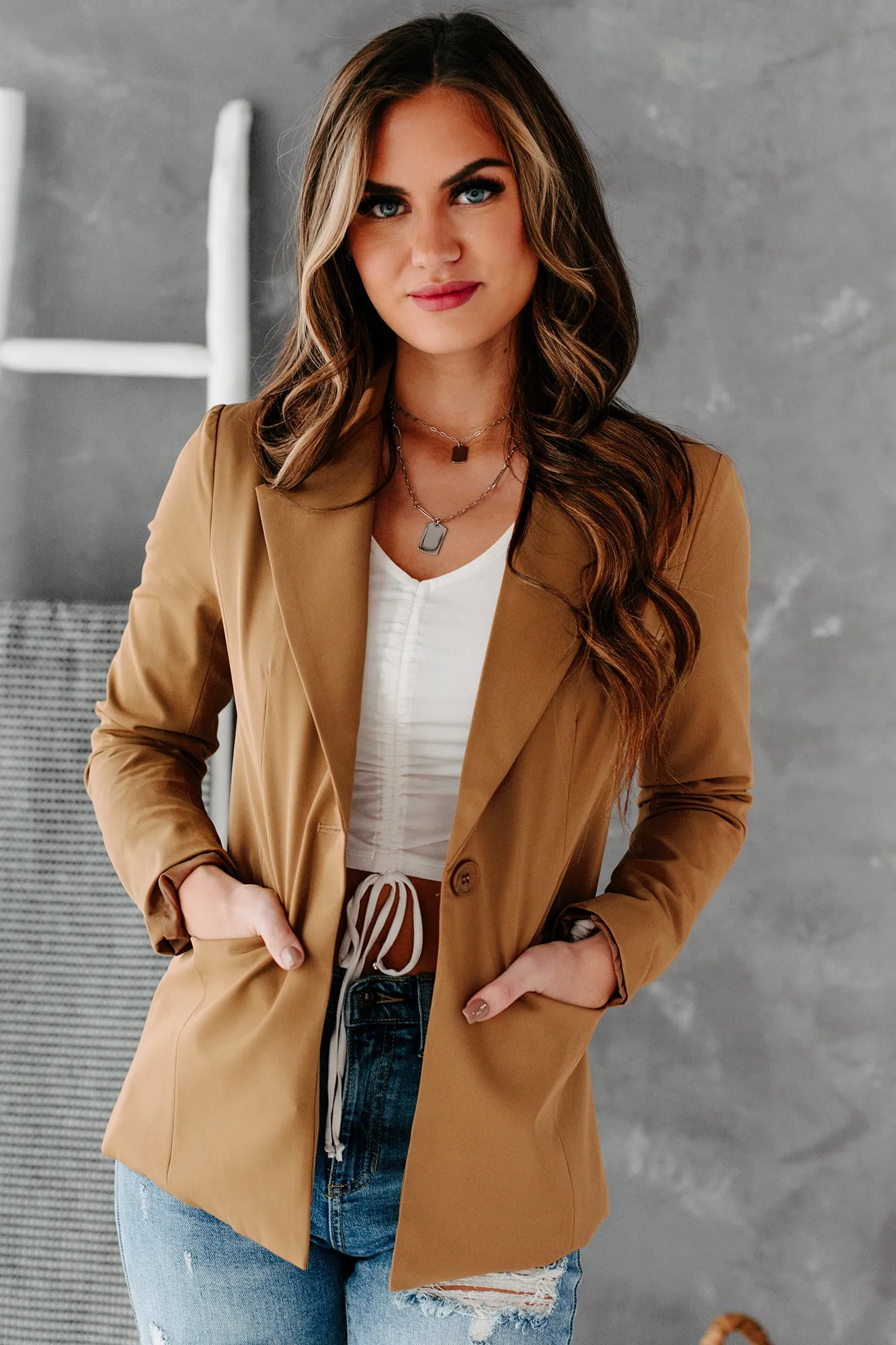 Business Classy Single-Button Blazer (Camel)