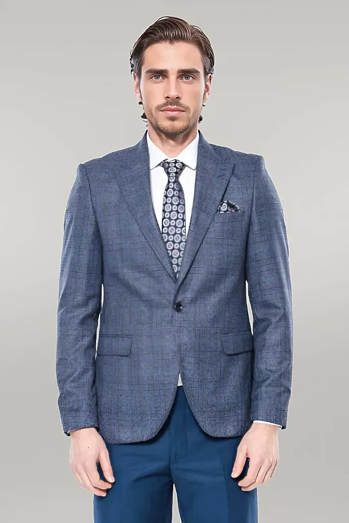 Checked Slim-Fit Single Button Navy Blue Men Blazer - Wessi