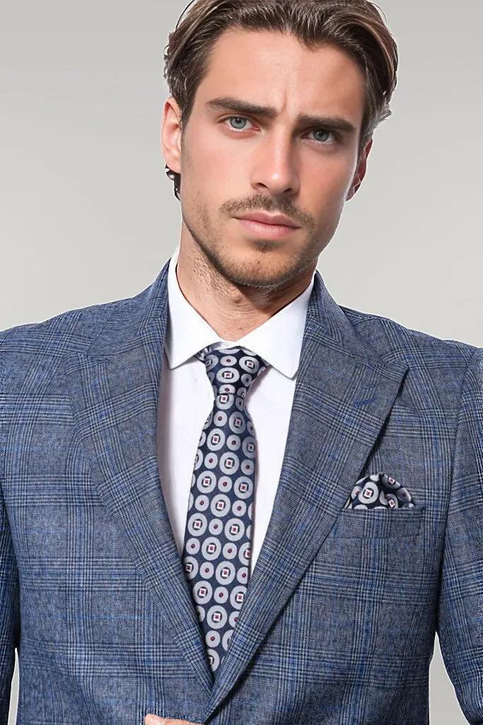 Checked Slim-Fit Single Button Navy Blue Men Blazer - Wessi