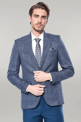 Checked Slim-Fit Single Button Navy Blue Men Blazer - Wessi