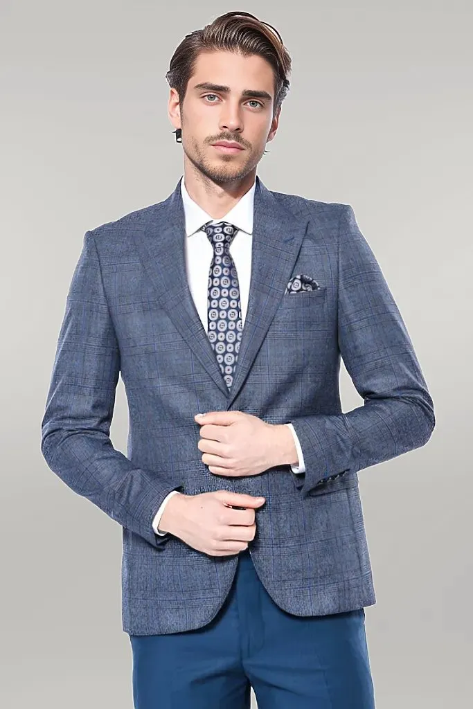 Checked Slim-Fit Single Button Navy Blue Men Blazer - Wessi