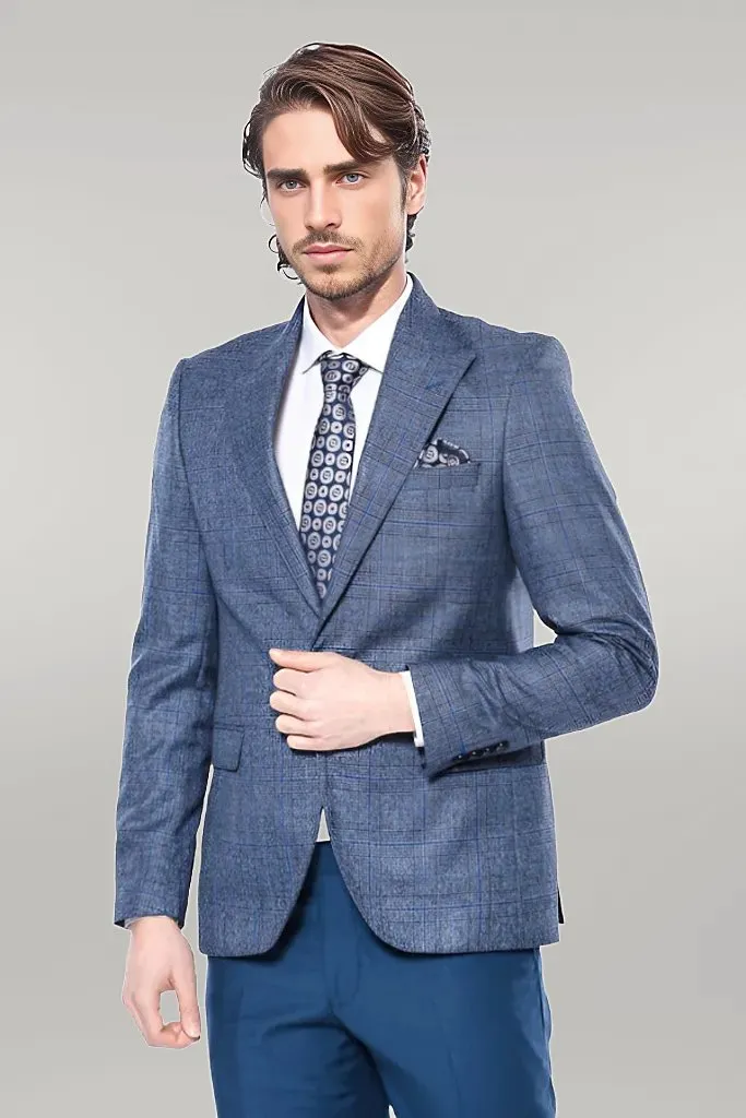 Checked Slim-Fit Single Button Navy Blue Men Blazer - Wessi