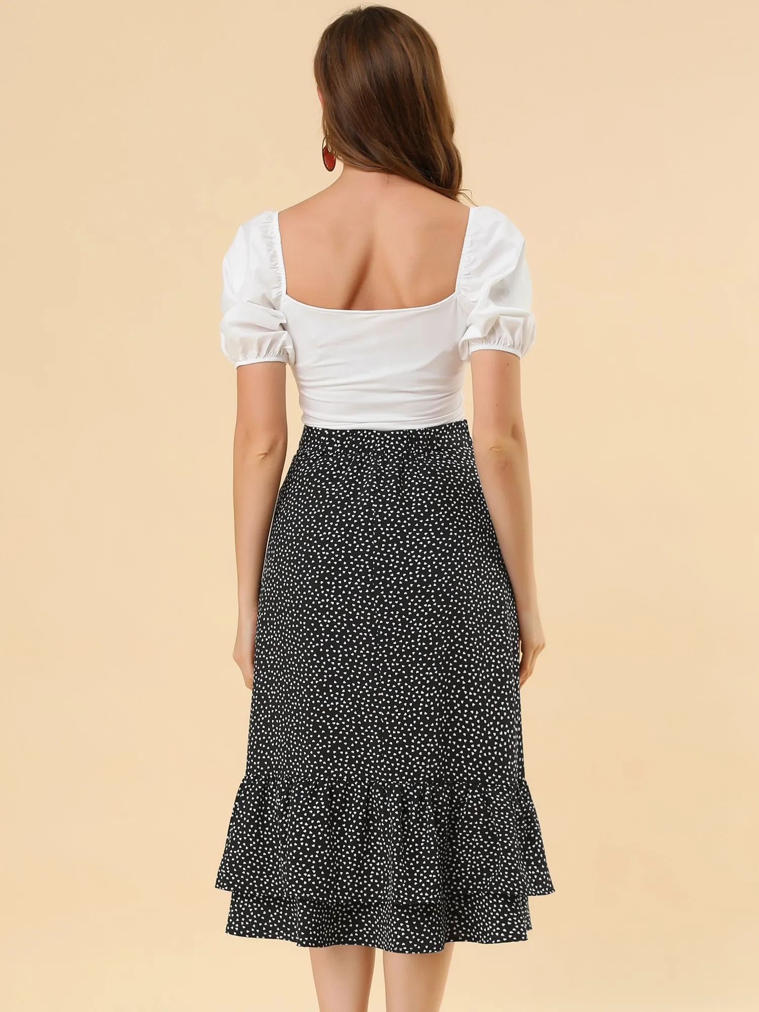 Chiffon Printed Elastic Waist Ruffle Tiered Flowy Midi Skirt