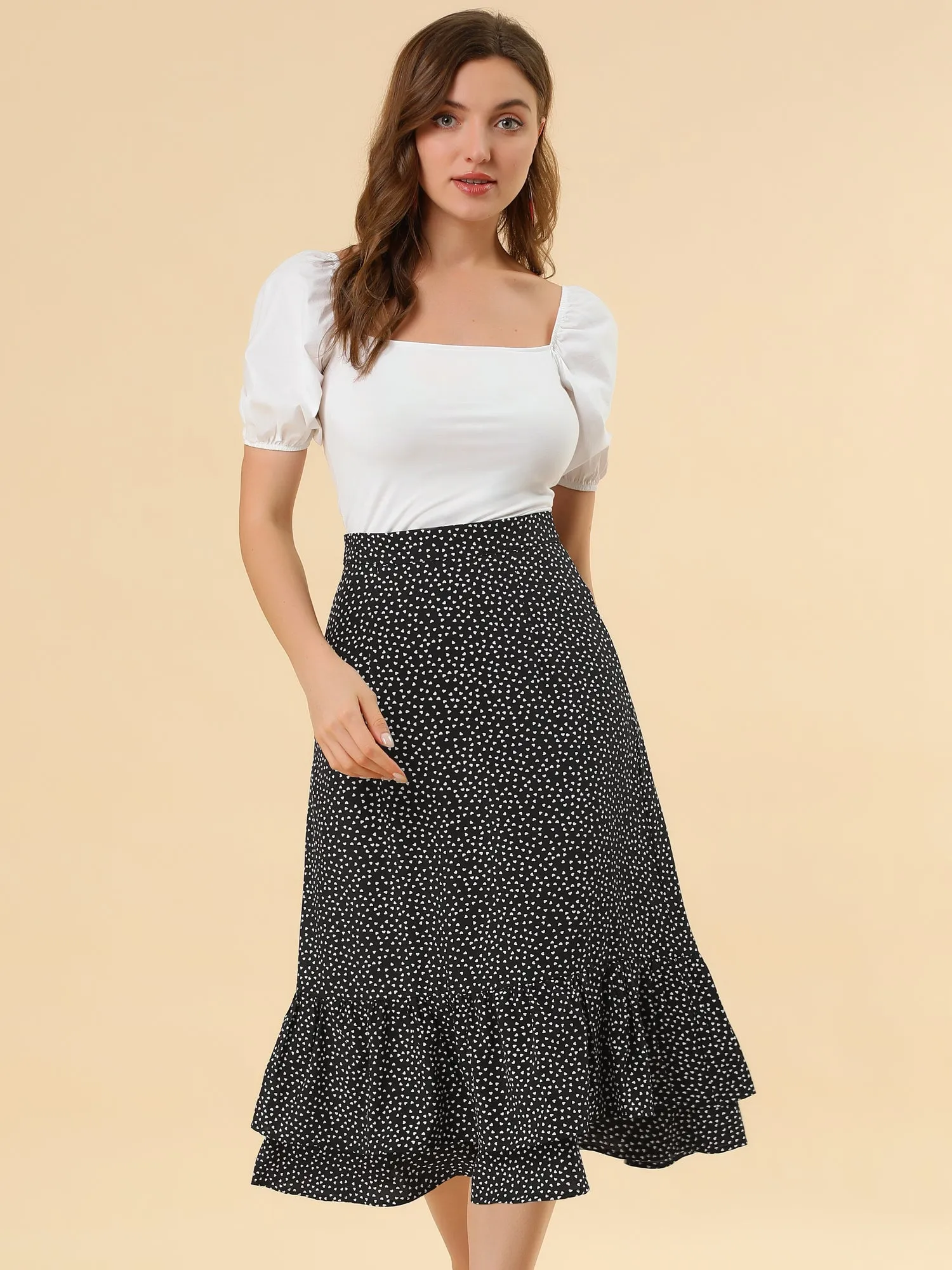 Chiffon Printed Elastic Waist Ruffle Tiered Flowy Midi Skirt