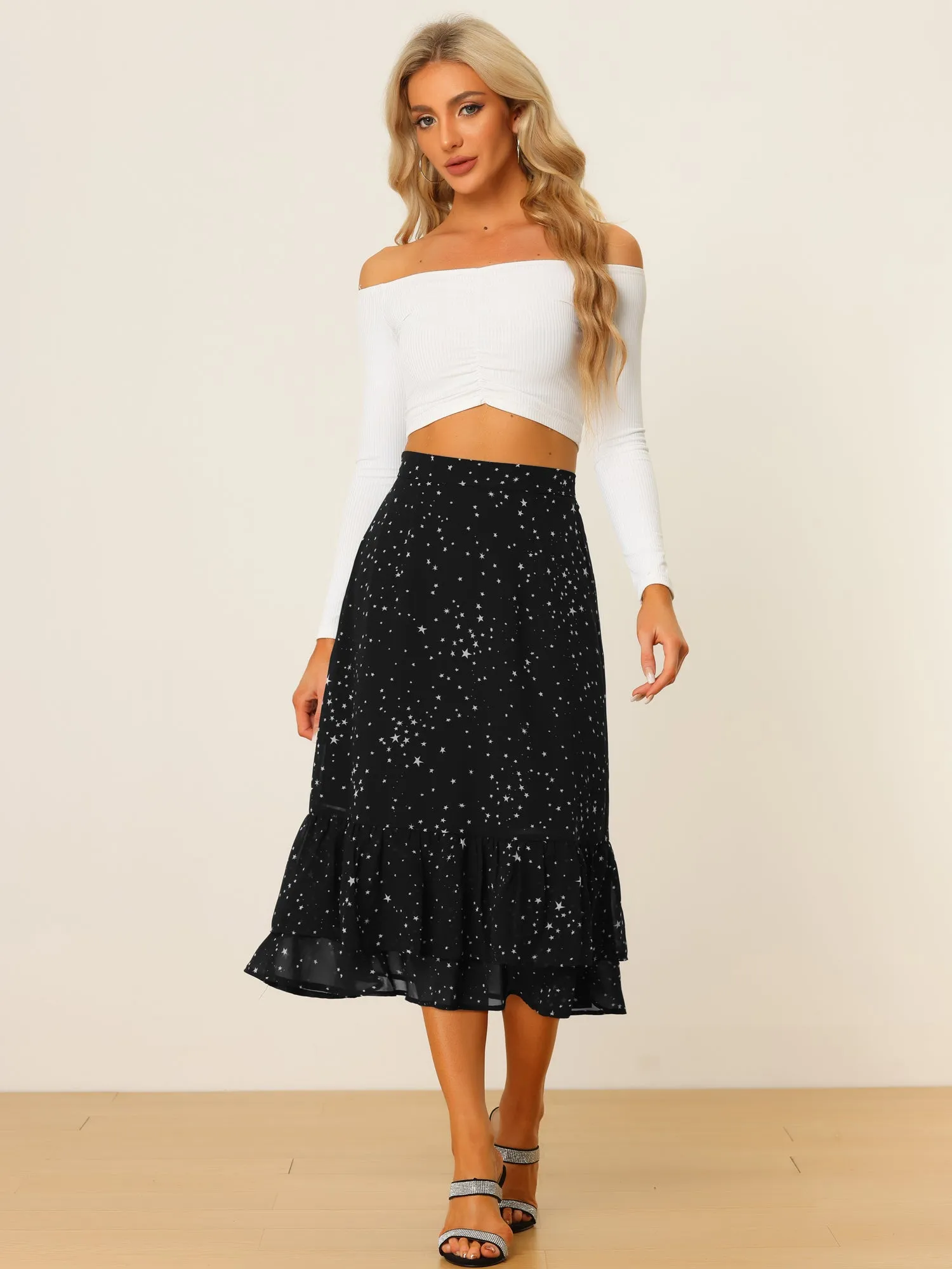 Chiffon Printed Elastic Waist Ruffle Tiered Flowy Midi Skirt