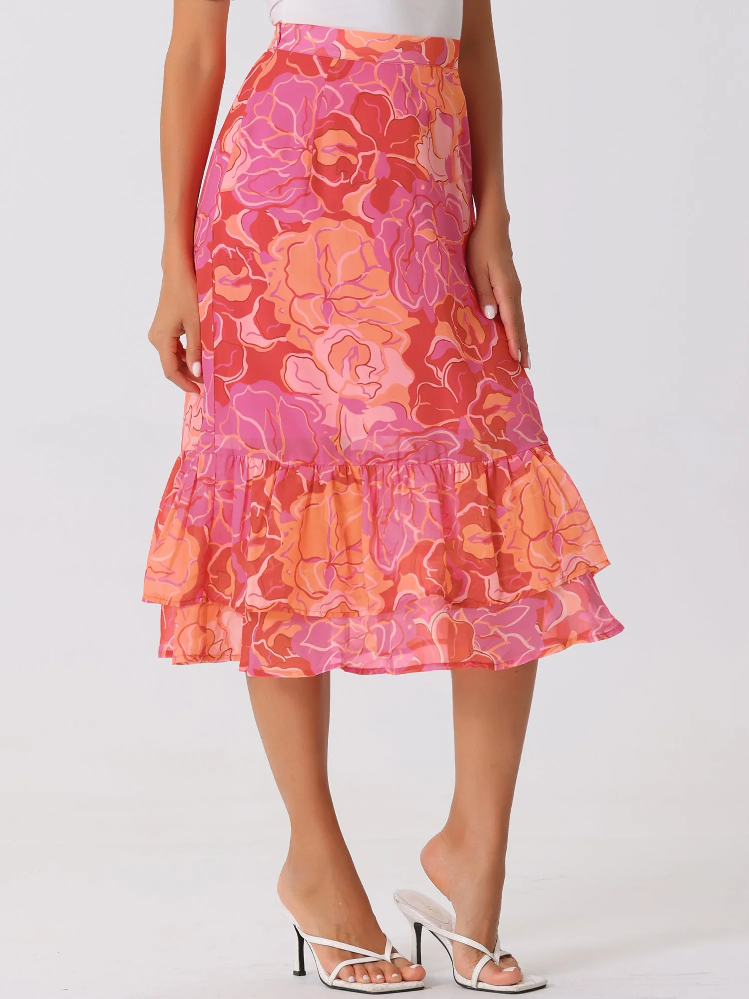 Chiffon Printed Elastic Waist Ruffle Tiered Flowy Midi Skirt