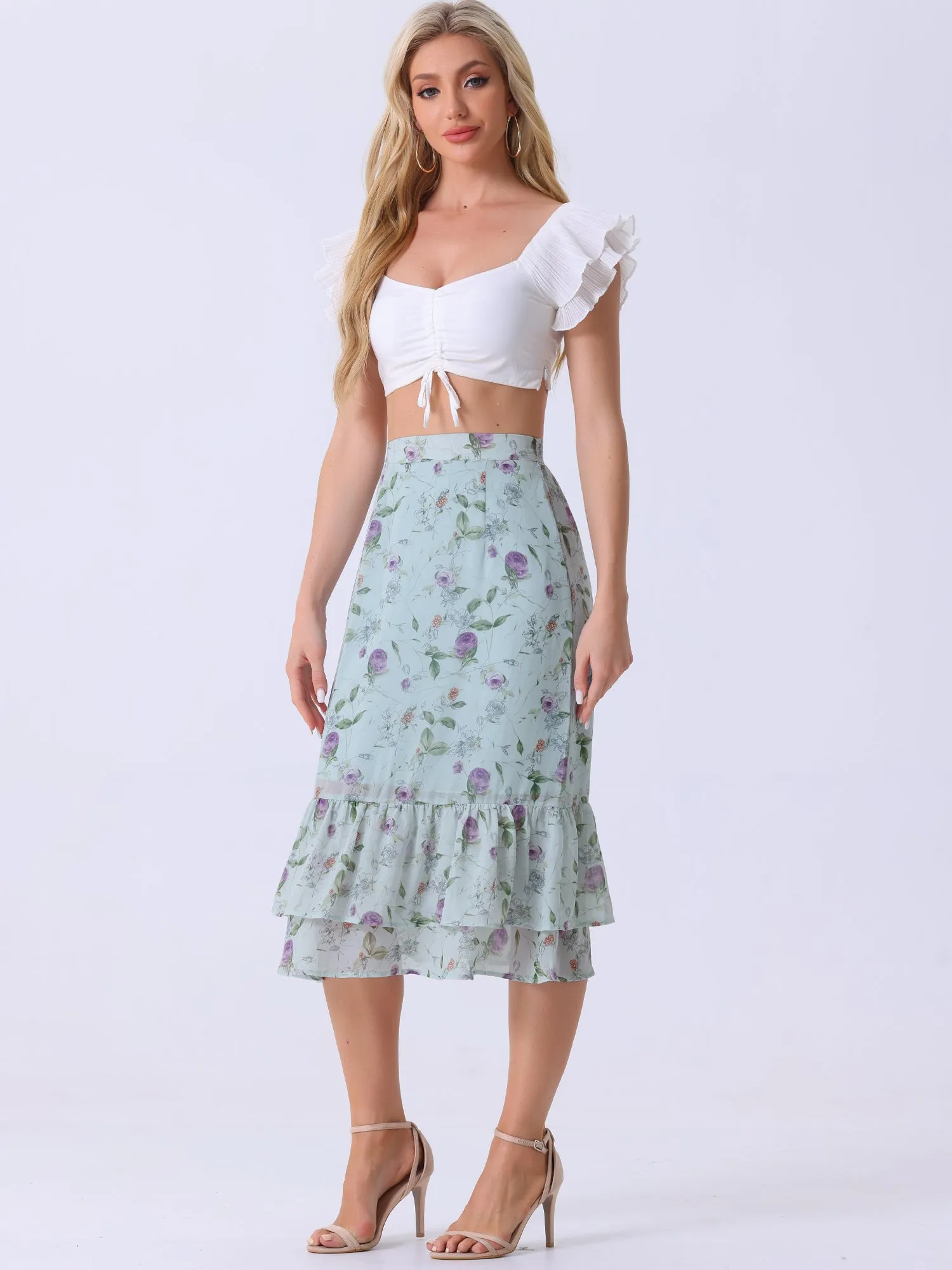 Chiffon Printed Elastic Waist Ruffle Tiered Flowy Midi Skirt