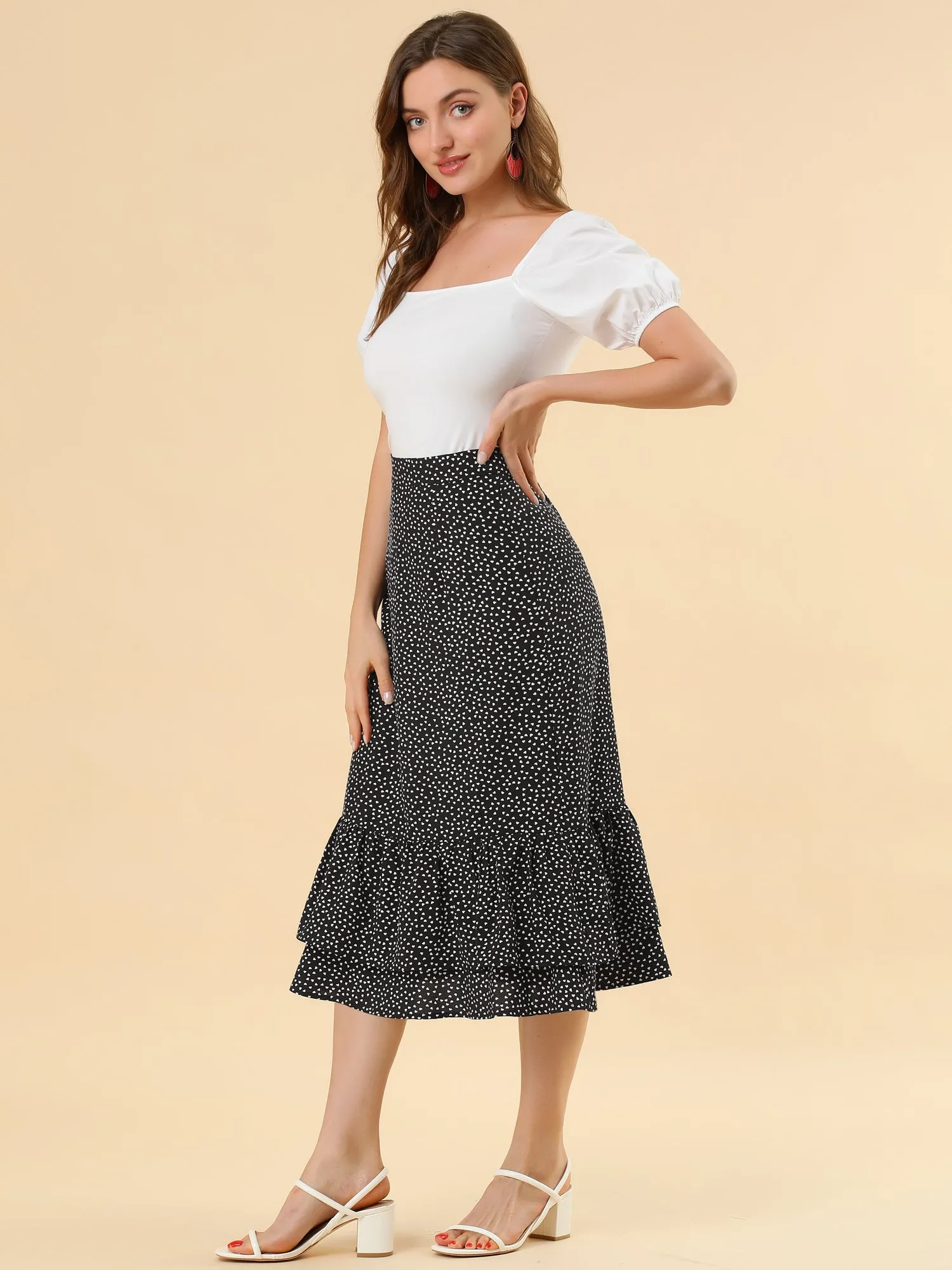 Chiffon Printed Elastic Waist Ruffle Tiered Flowy Midi Skirt