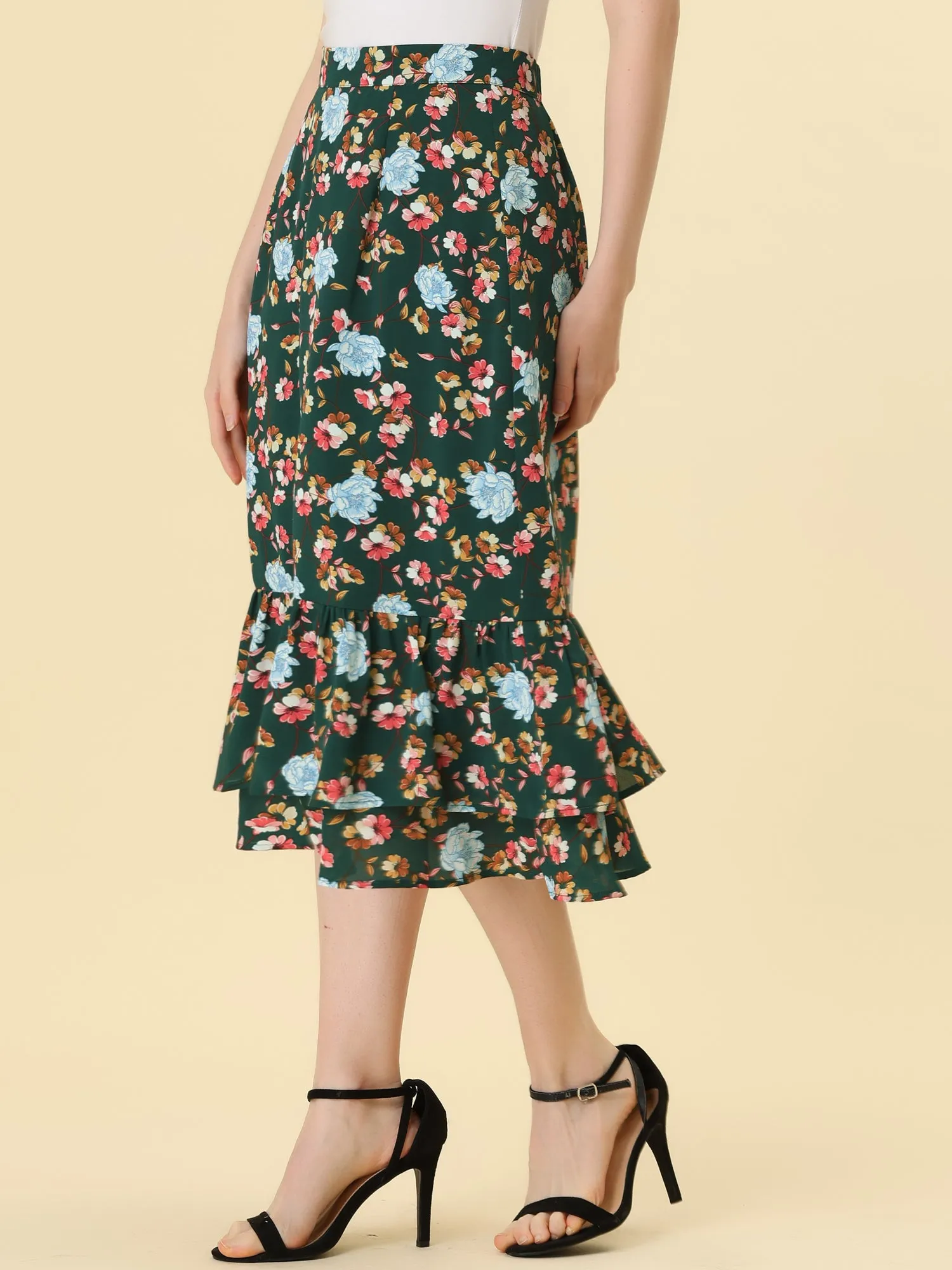 Chiffon Printed Elastic Waist Ruffle Tiered Flowy Midi Skirt