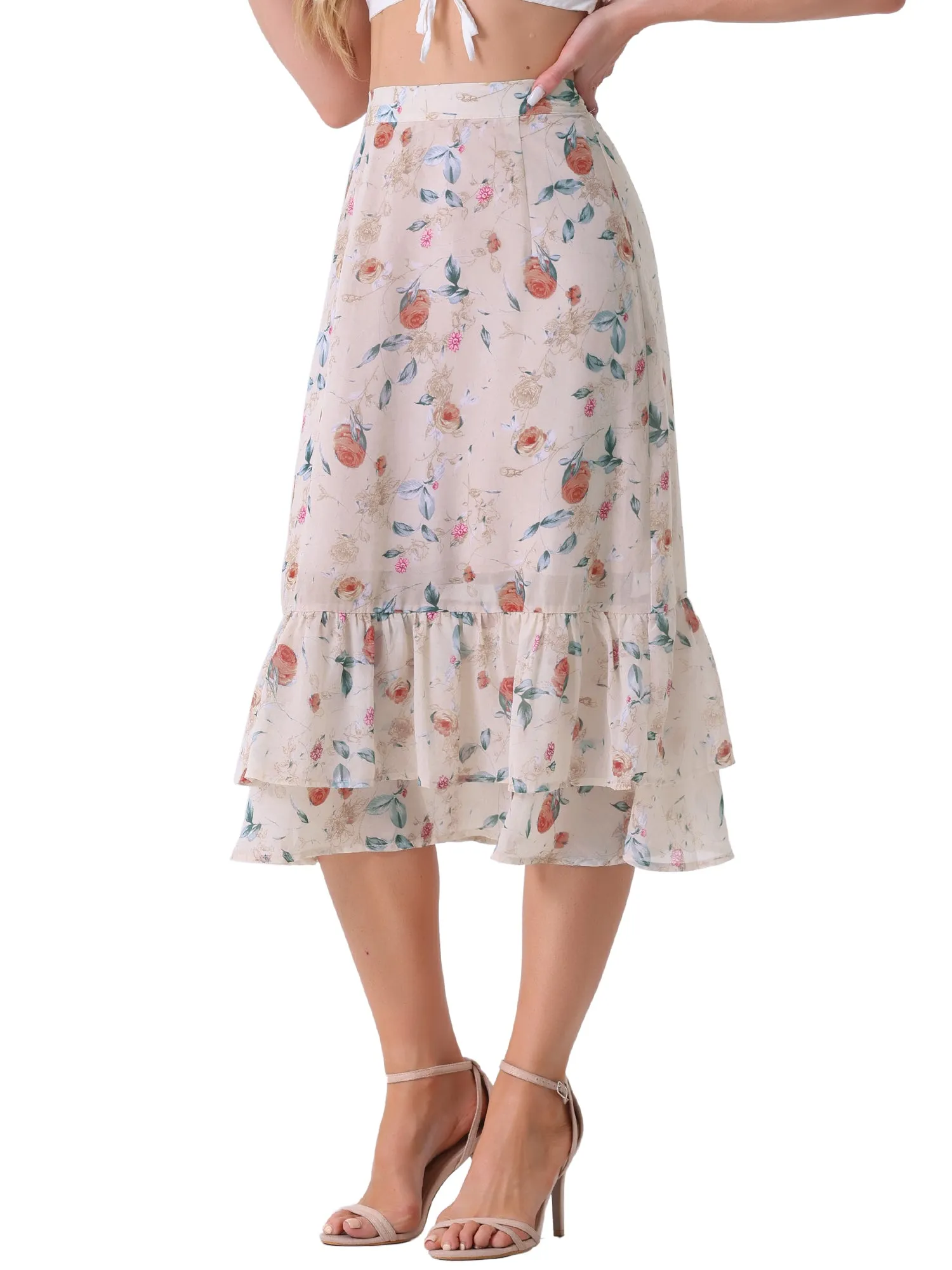 Chiffon Printed Elastic Waist Ruffle Tiered Flowy Midi Skirt