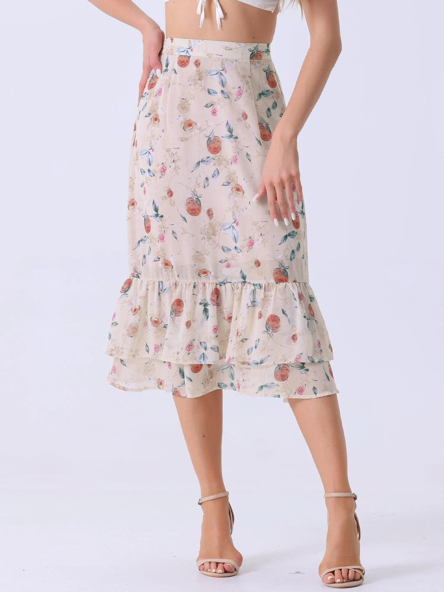 Chiffon Printed Elastic Waist Ruffle Tiered Flowy Midi Skirt