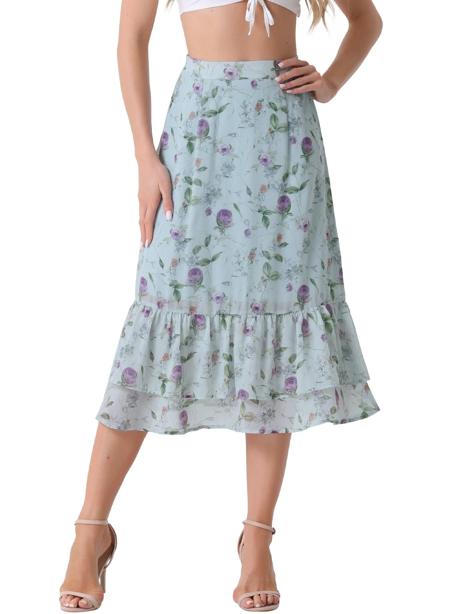 Chiffon Printed Elastic Waist Ruffle Tiered Flowy Midi Skirt