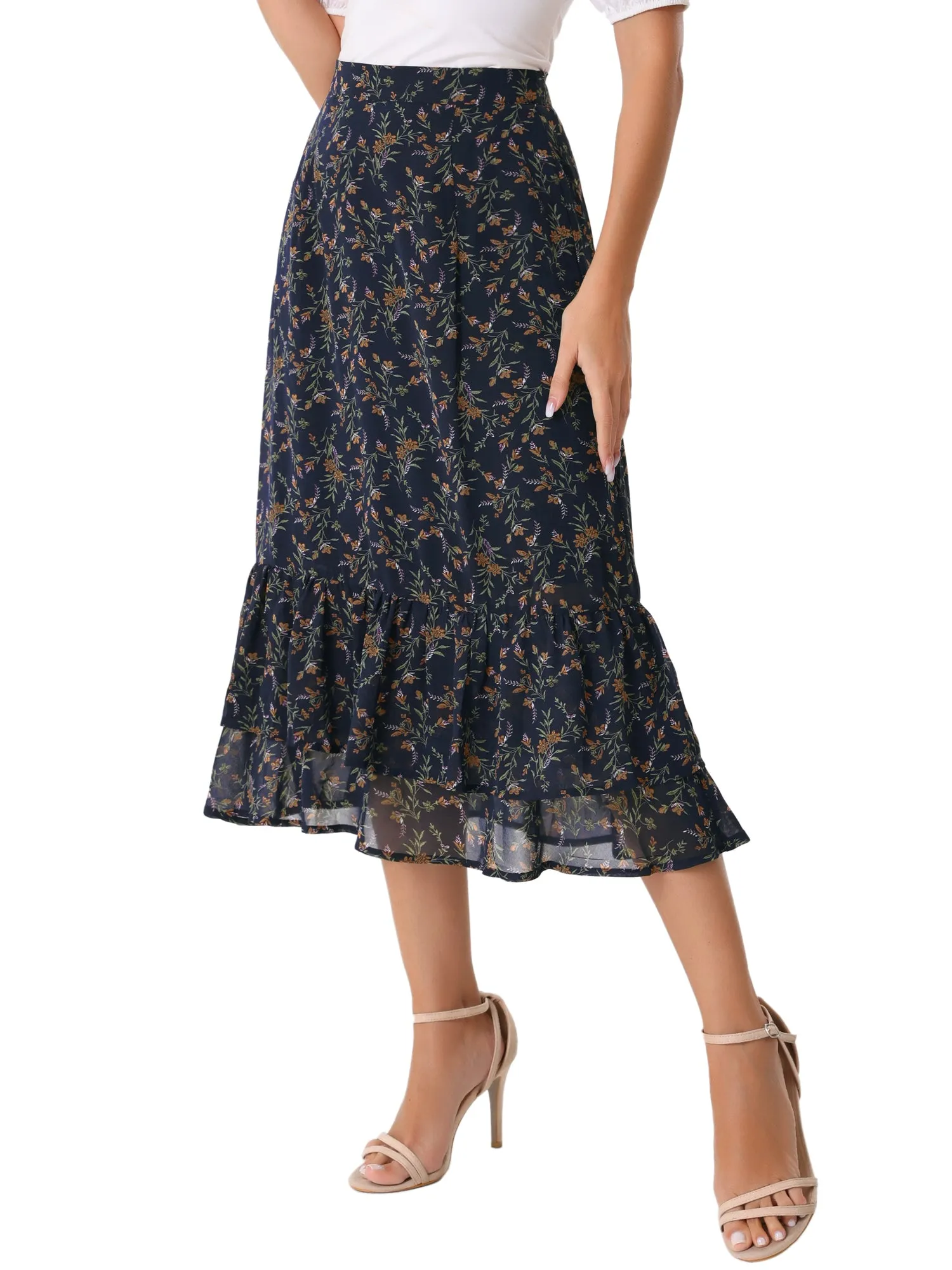 Chiffon Printed Elastic Waist Ruffle Tiered Flowy Midi Skirt