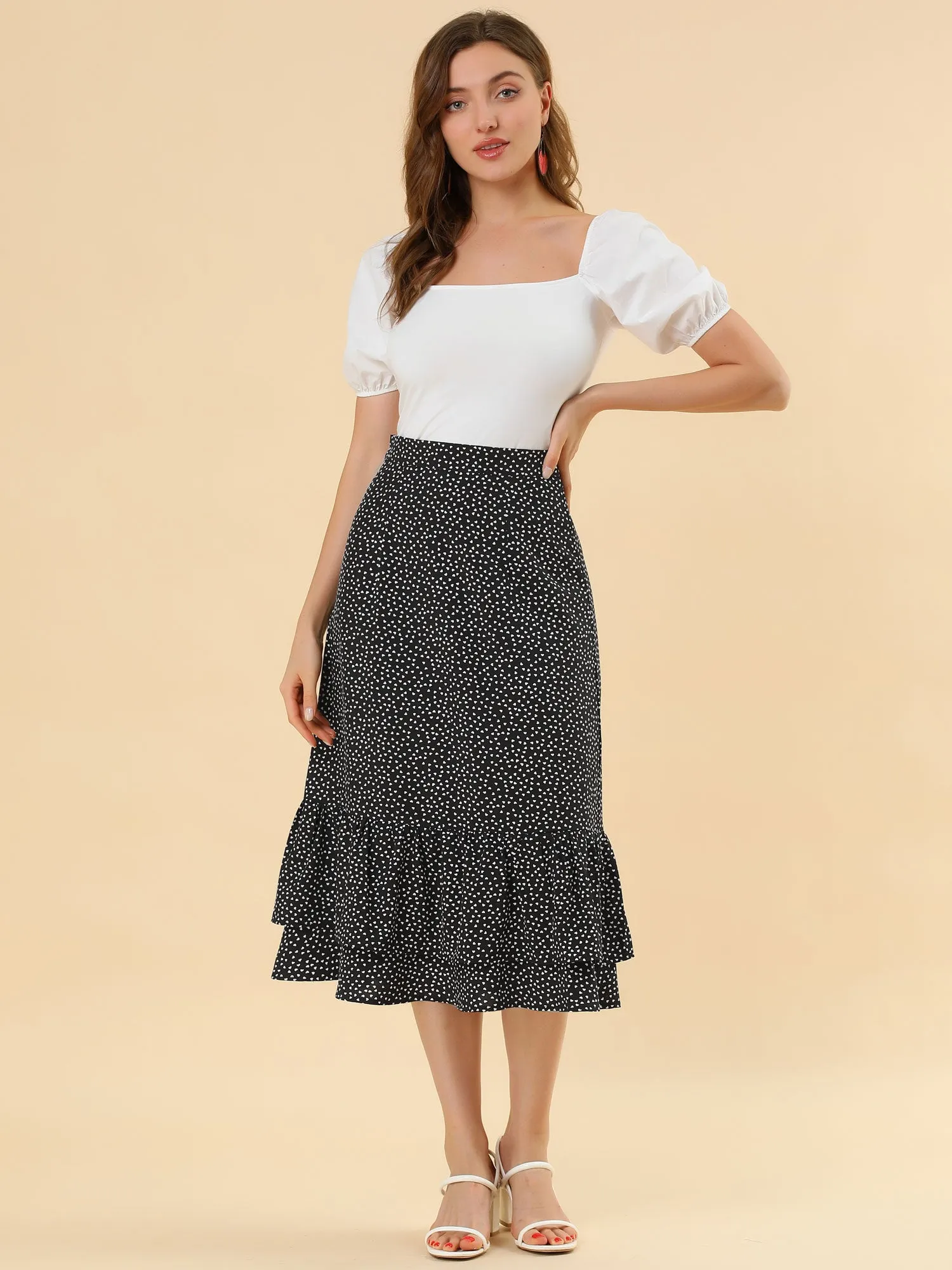 Chiffon Printed Elastic Waist Ruffle Tiered Flowy Midi Skirt