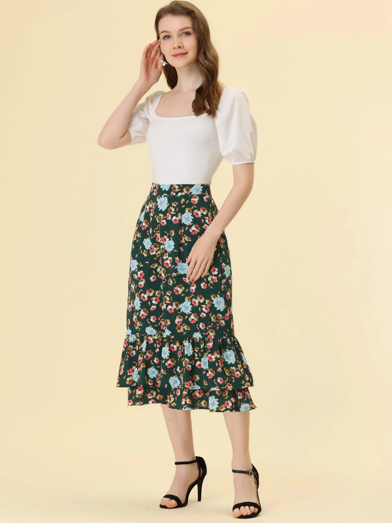 Chiffon Printed Elastic Waist Ruffle Tiered Flowy Midi Skirt