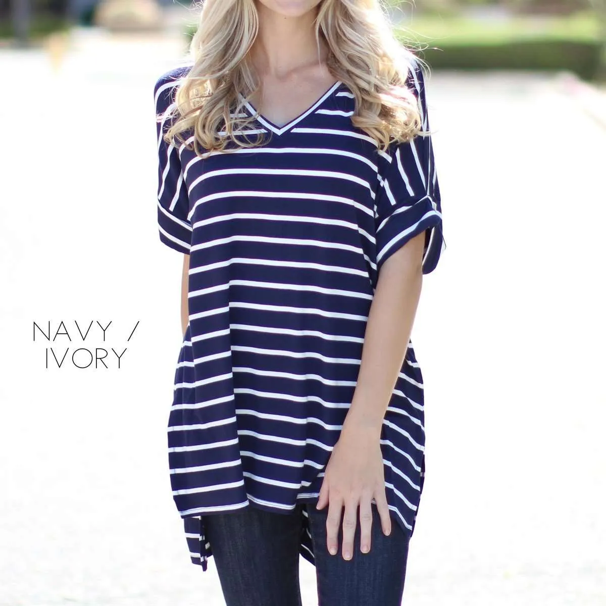 Cuffed Sleeve Striped Tunic | S-XL