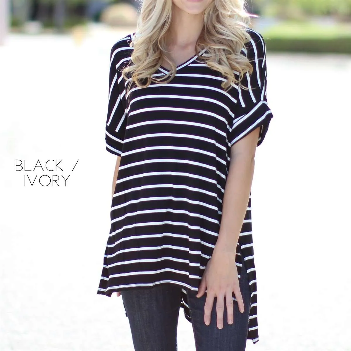 Cuffed Sleeve Striped Tunic | S-XL