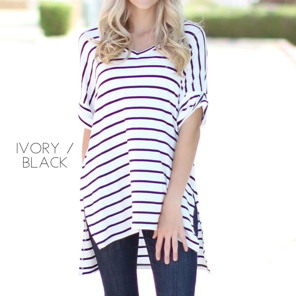 Cuffed Sleeve Striped Tunic | S-XL