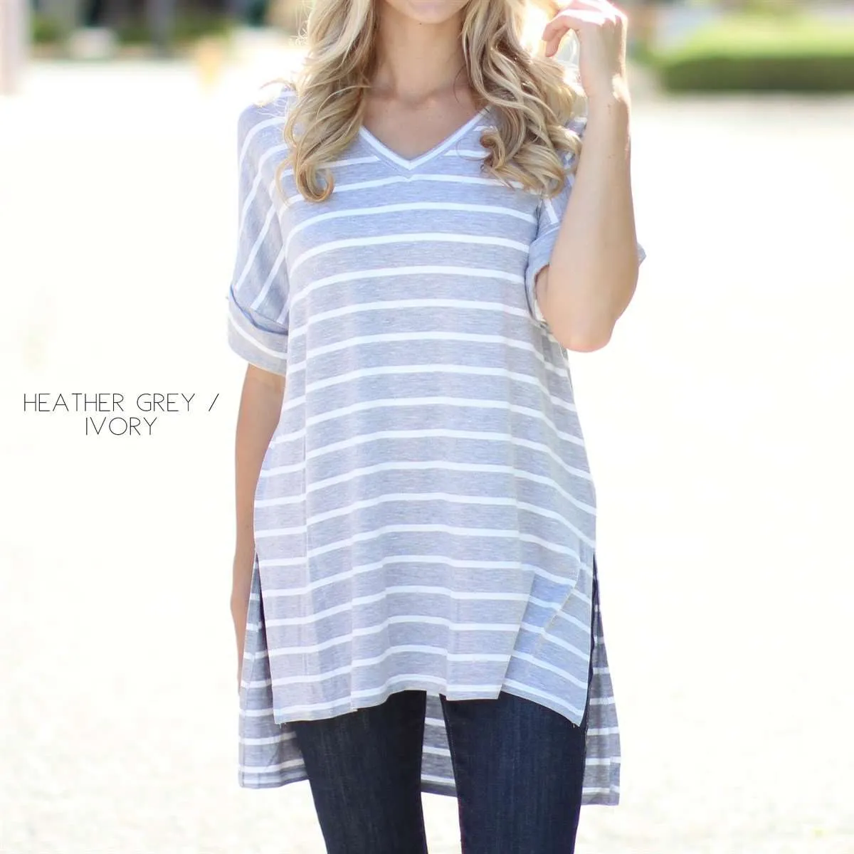 Cuffed Sleeve Striped Tunic | S-XL