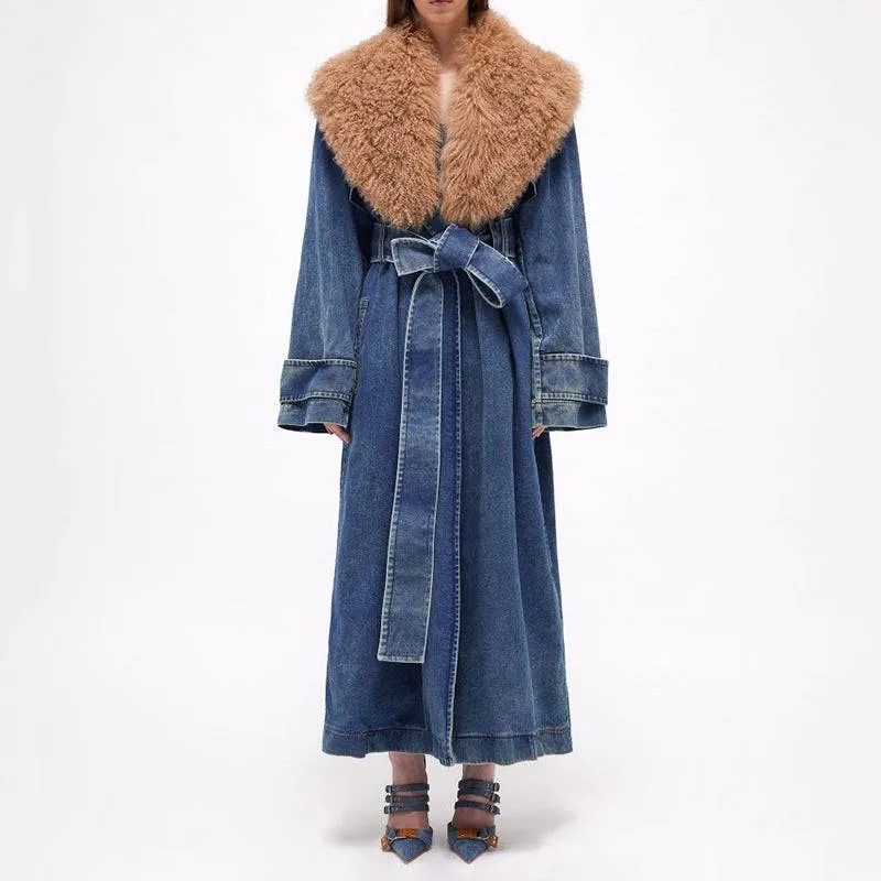 Denim Overcoat Fur Collar Belt Patchwork Pockets