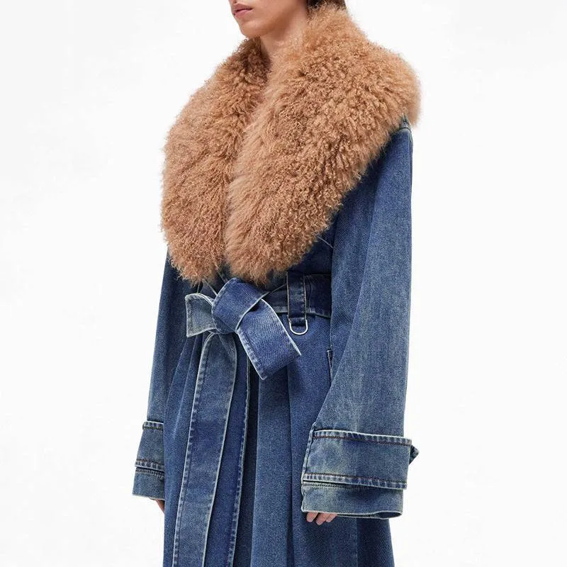 Denim Overcoat Fur Collar Belt Patchwork Pockets