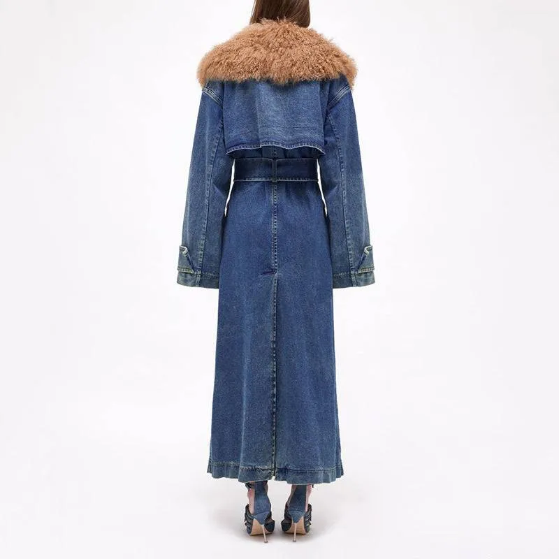 Denim Overcoat Fur Collar Belt Patchwork Pockets