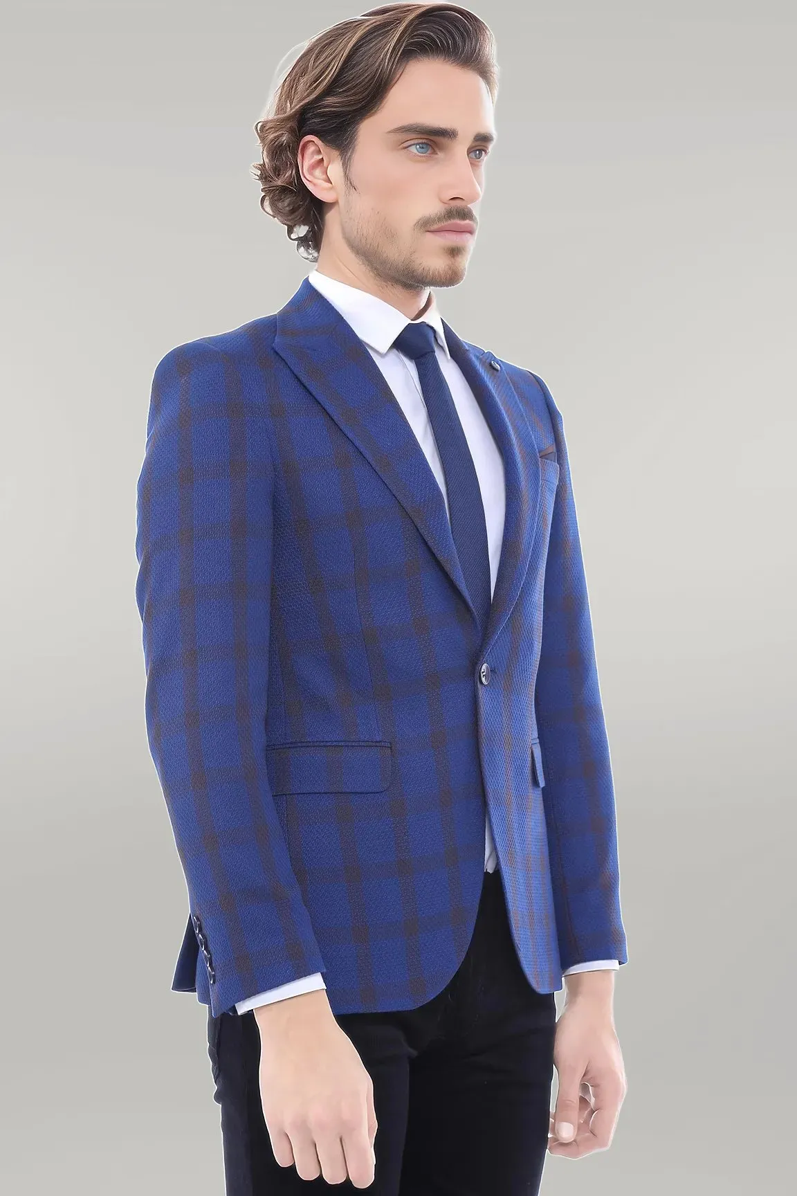 Double Breasted Pointed Collar Plaid Bast Blue Jacket-Wessi