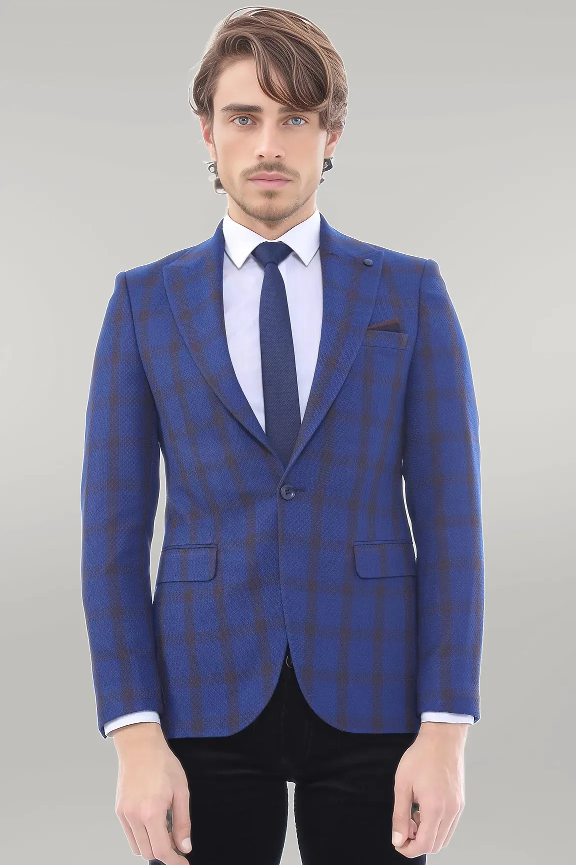 Double Breasted Pointed Collar Plaid Bast Blue Jacket-Wessi