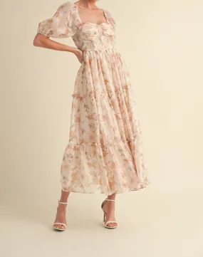 Elysse Sweetheart Puff Sleeve Floral Tier Dress: Amber