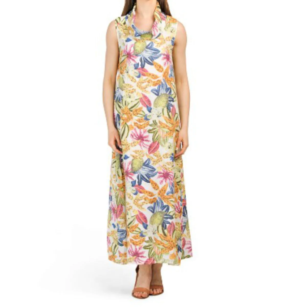 Francesca Bettini Women's Cowl Neck Tropical Print Linen Maxi Dress