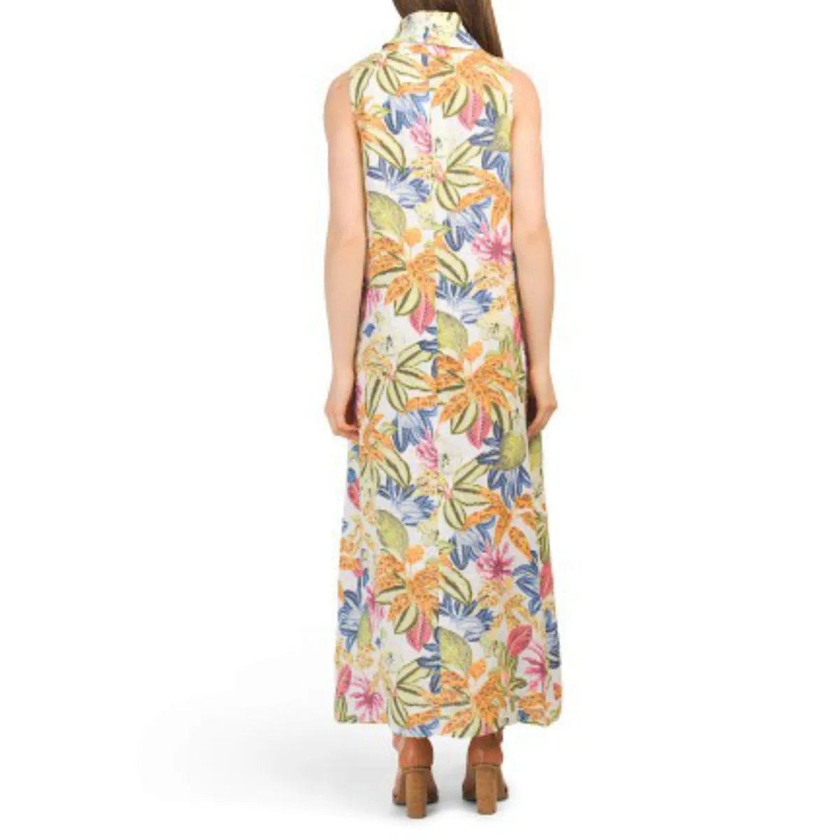 Francesca Bettini Women's Cowl Neck Tropical Print Linen Maxi Dress