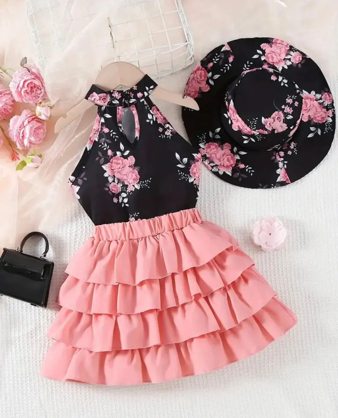 Girls Floral Halter Top with Skirt and Hat