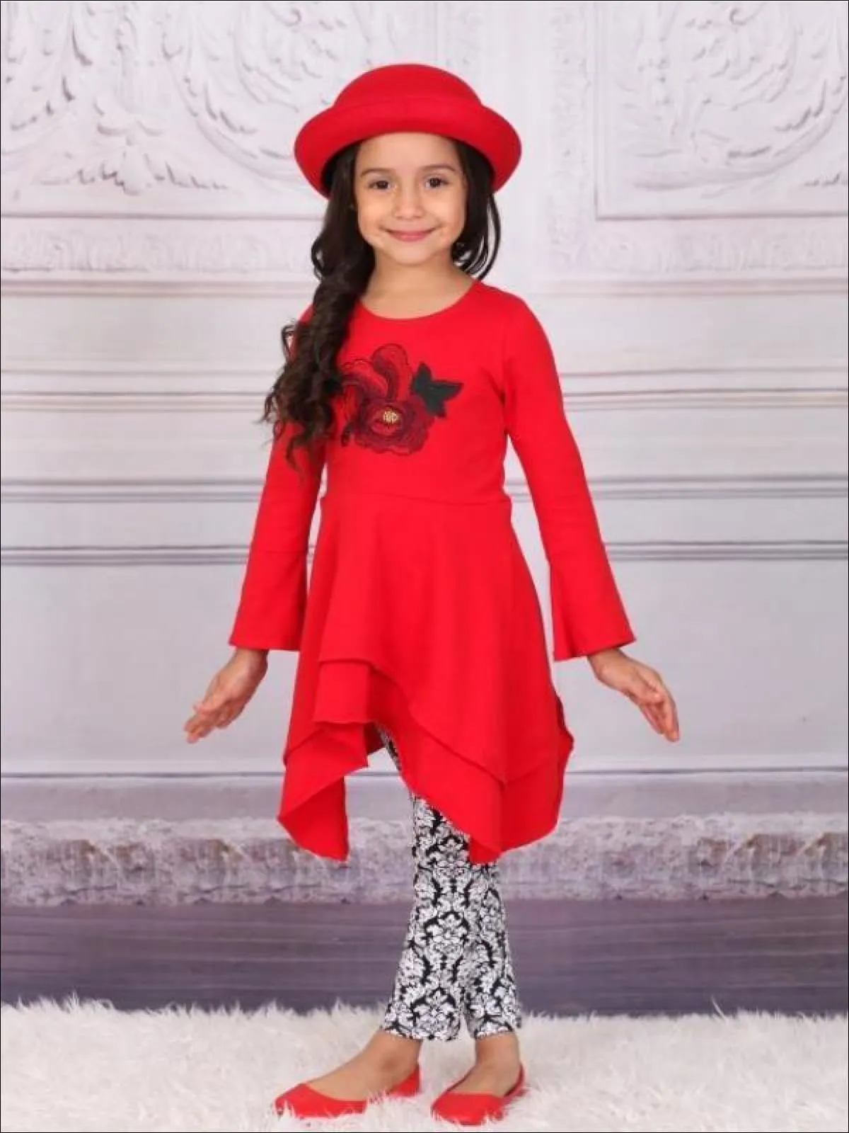 Girls Red And Black Double Layer Cuffed Sleeve Tunic And Legging Set