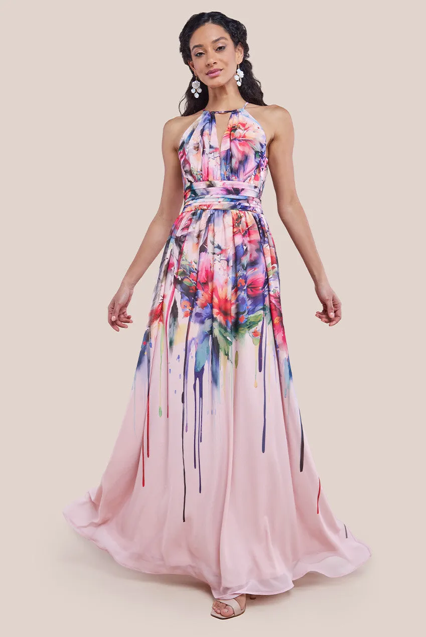 Goddiva Floral Printed Chiffon Halter Maxi Dress - Blush Floral