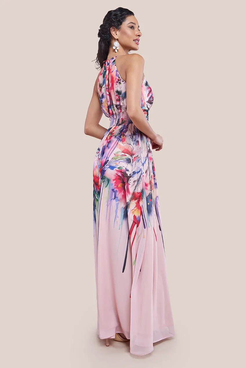 Goddiva Floral Printed Chiffon Halter Maxi Dress - Blush Floral